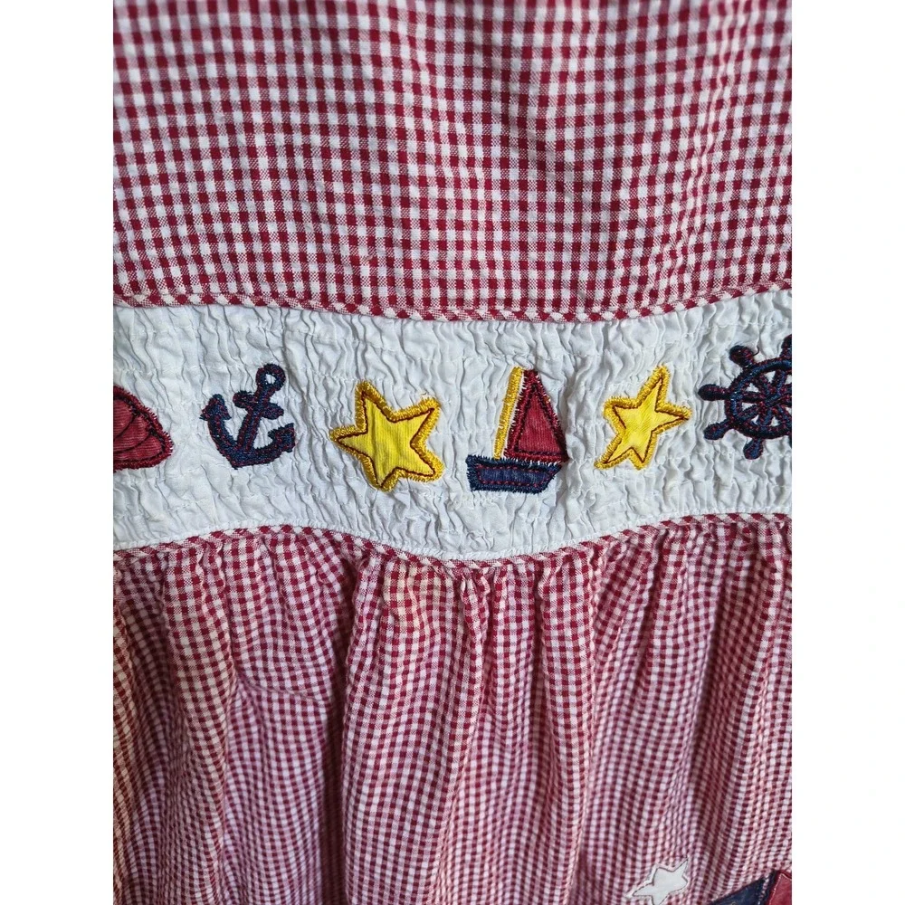 Vtg BT Kids Sz 5 Seersucker Red Blue White Dress Patriotic Summer Sailboat Lined
